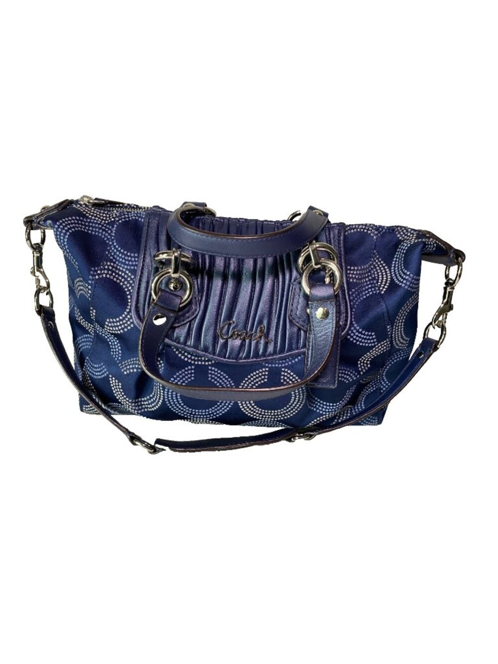 Coach Cobalt Blue Ashley Dotted Op Art Signature Handbag Purse w Silver Hardware